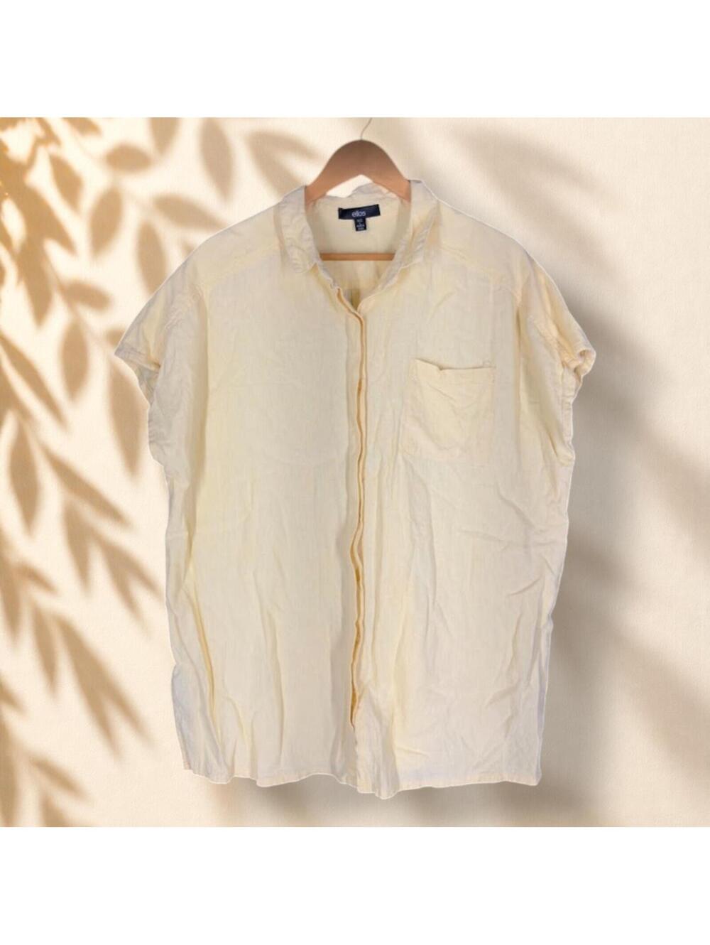 Ellos Shirt Women L Large Yellow Button Up Collared Short Sleeve Linen Pockets